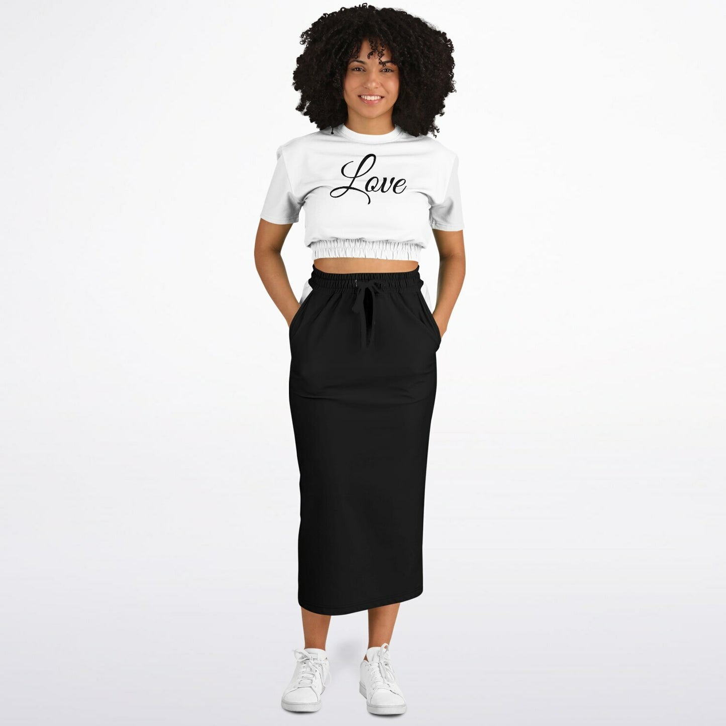 Modisches kurzärmliges Sweatshirt mit abgeschnittenem Saum und langer Rock mit Tasche – L.O.H.