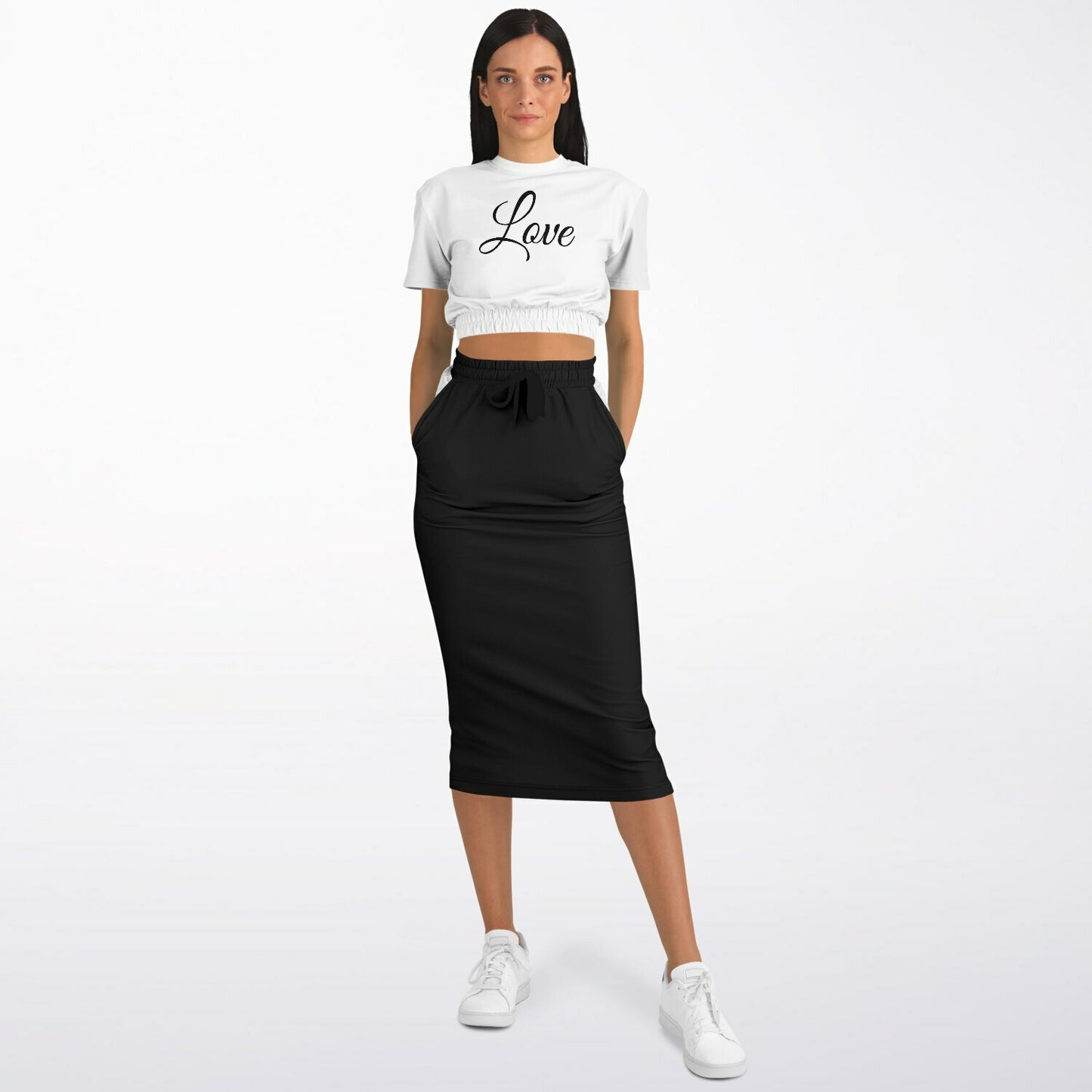 Modisches kurzärmliges Sweatshirt mit abgeschnittenem Saum und langer Rock mit Tasche – L.O.H.