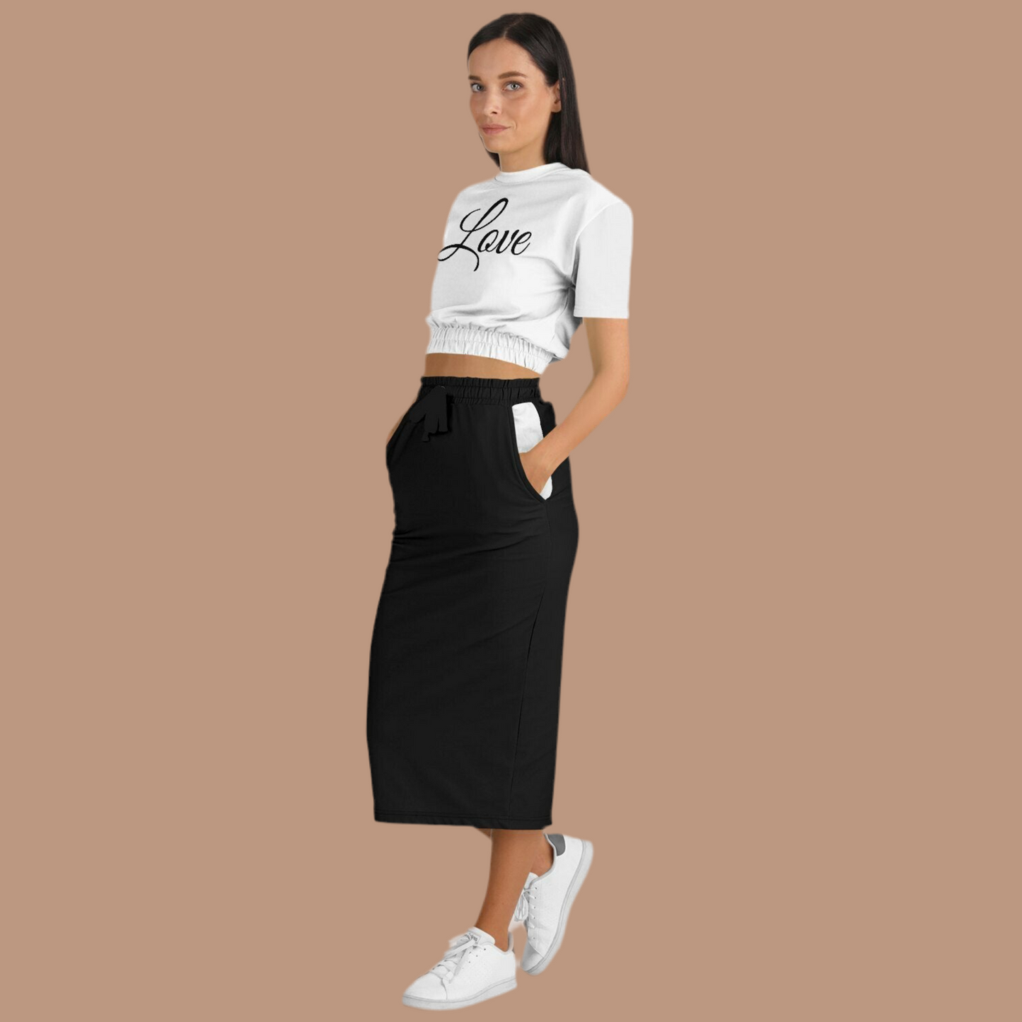 Modisches kurzärmliges Sweatshirt mit abgeschnittenem Saum und langer Rock mit Tasche – L.O.H.