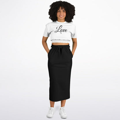 Modisches kurzärmliges Sweatshirt mit abgeschnittenem Saum und langer Rock mit Tasche – L.O.H. 
