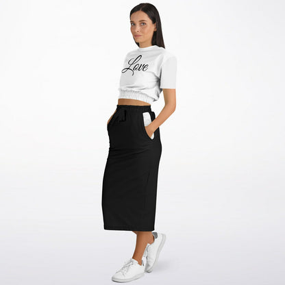 Modisches kurzärmliges Sweatshirt mit abgeschnittenem Saum und langer Rock mit Tasche – L.O.H. 