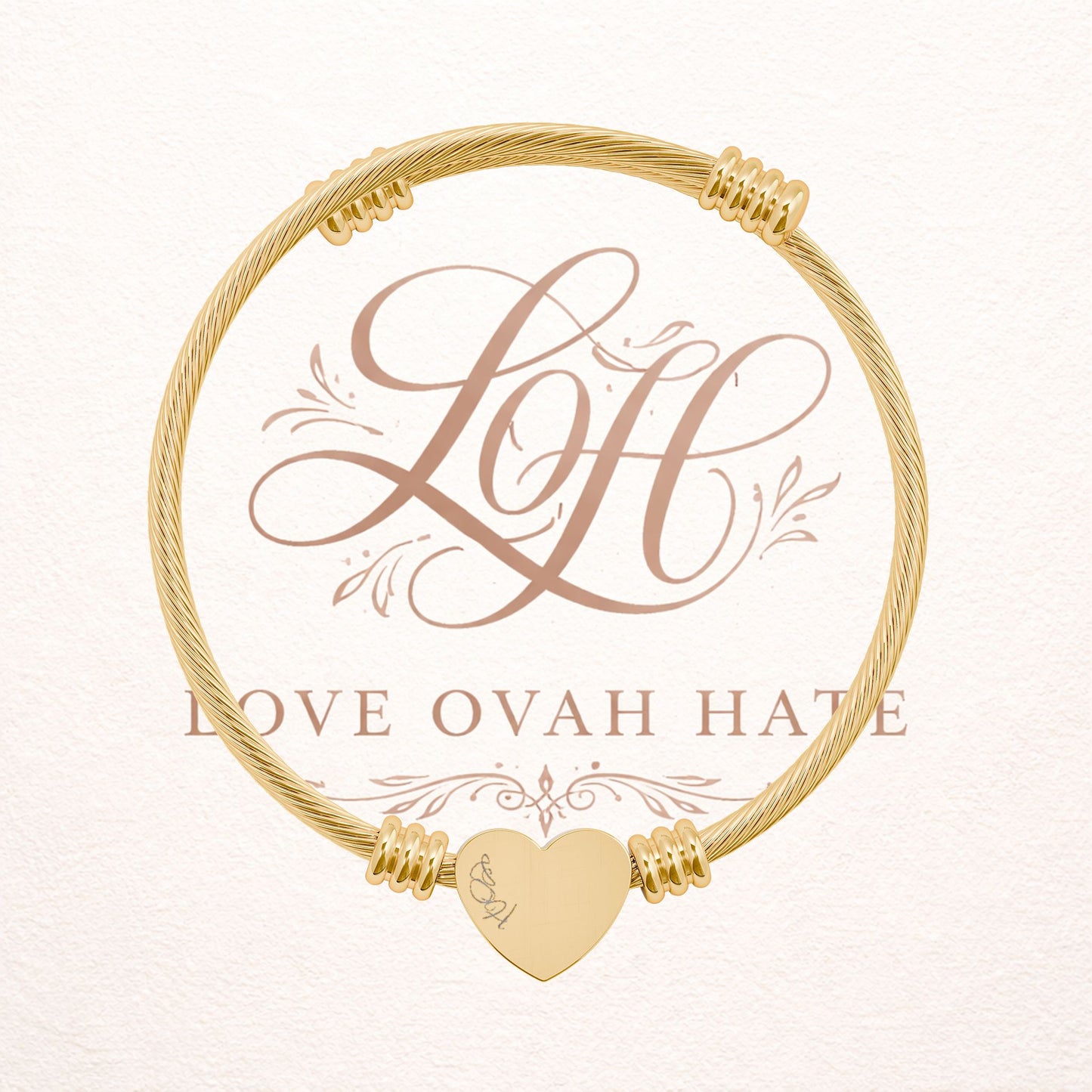 Heart Cuff Bracelet — Engraved “Love Ovah Hate” Message