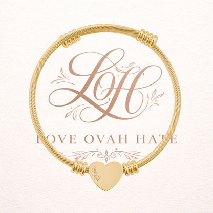 Heart Cuff Bracelet — Engraved “Love Ovah Hate” Message