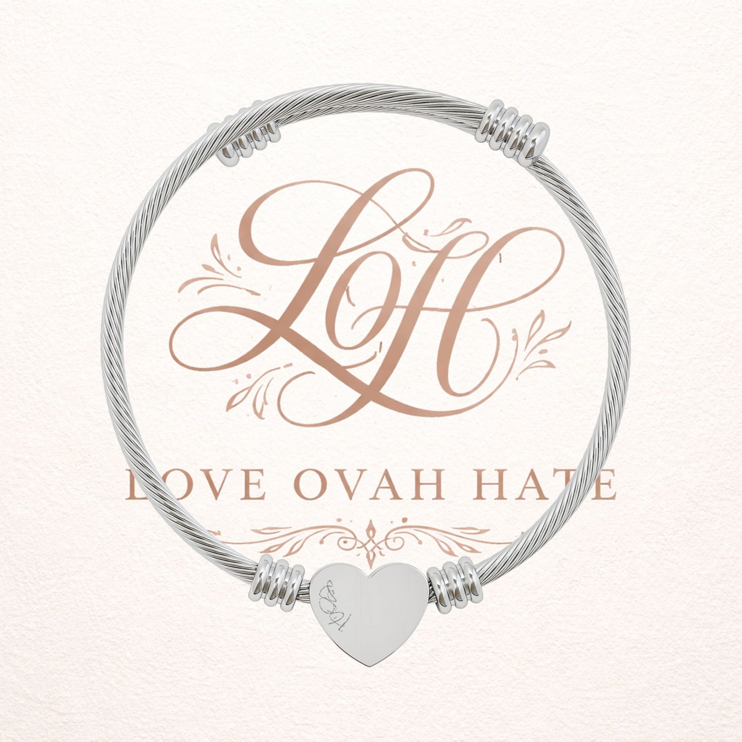 Heart Cuff Bracelet — Engraved “Love Ovah Hate” Message
