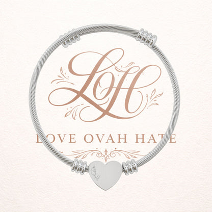 Heart Cuff Bracelet — Engraved “Love Ovah Hate” Message