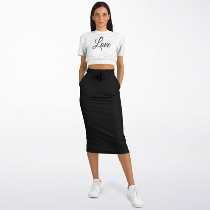 Modisches kurzärmliges Sweatshirt mit abgeschnittenem Saum und langer Rock mit Tasche – L.O.H. 