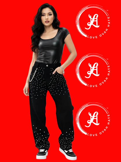 Love Ovah Hate Rhinestone Relaxed Straight-Leg Jeans